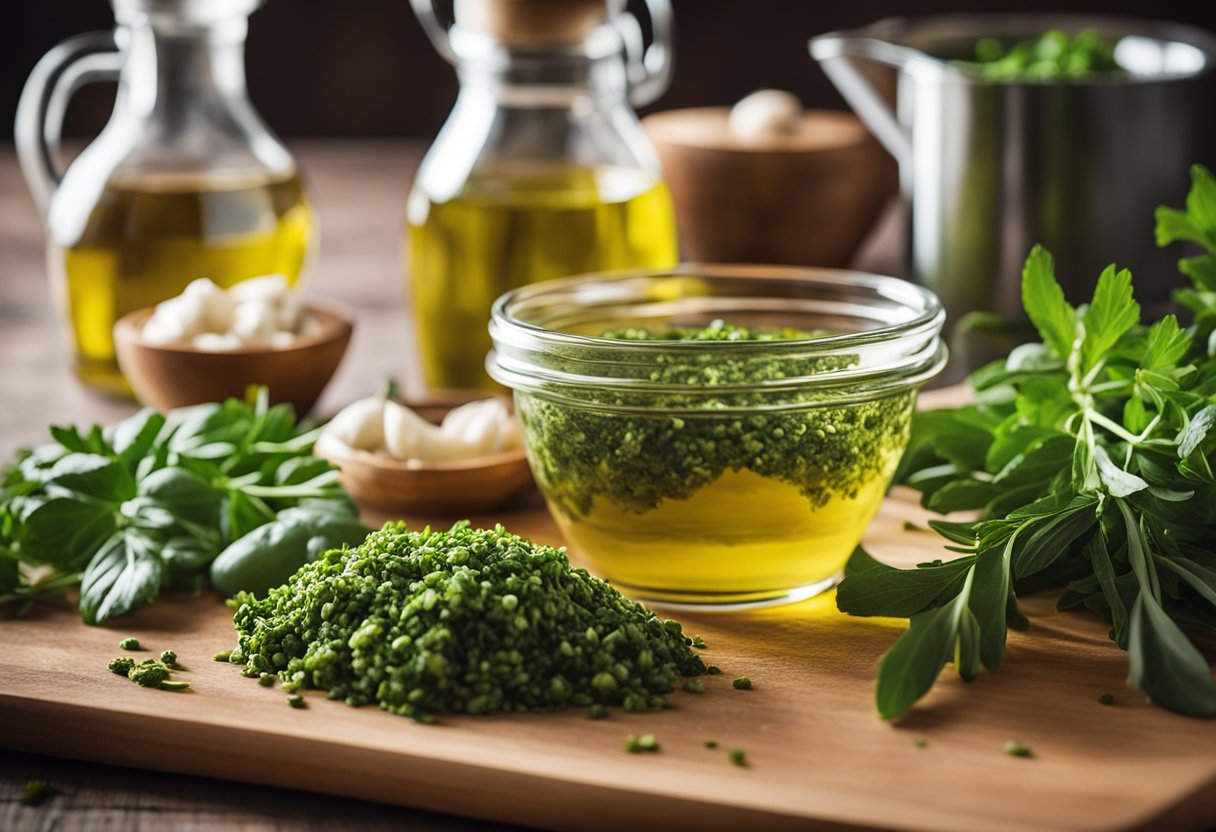 Fresh herbs, garlic, olive oil, and vinegar are arranged on a wooden cutting board, ready to be blended into a vibrant green chimichurri sauce