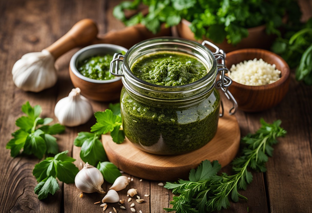 A jar of homemade chimichurri sauce sits on a rustic wooden table, surrounded by fresh herbs, garlic, and a mortar and pestle
