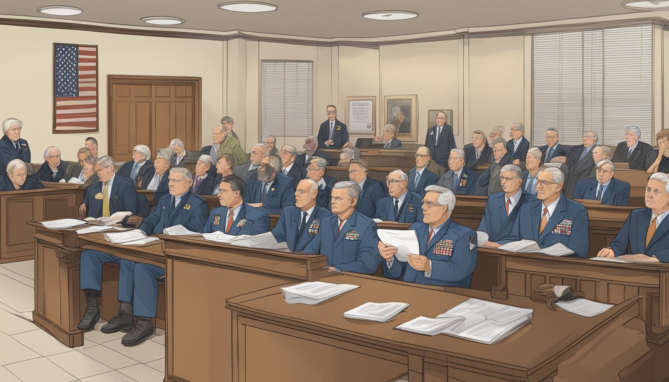 A group of veterans gather in a courtroom, surrounded by legal documents and representatives. Asbestos warning signs are displayed in the background