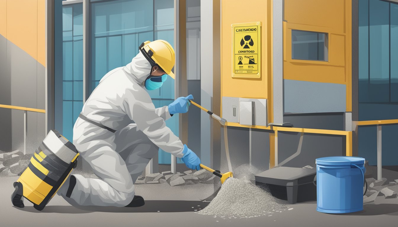 A person in protective gear removing asbestos from a building, with caution signs and proper disposal equipment nearby