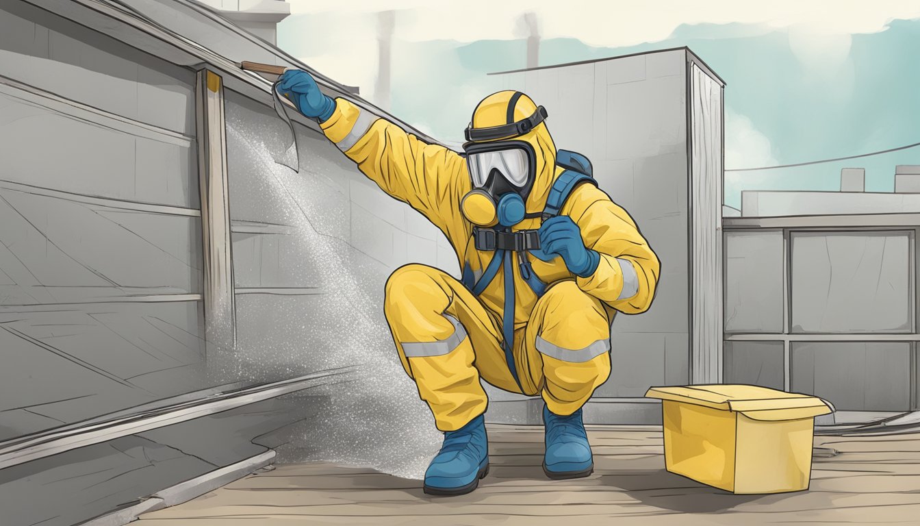 A figure in protective gear removes asbestos from a building, following safety precautions outlined in a DIY guide