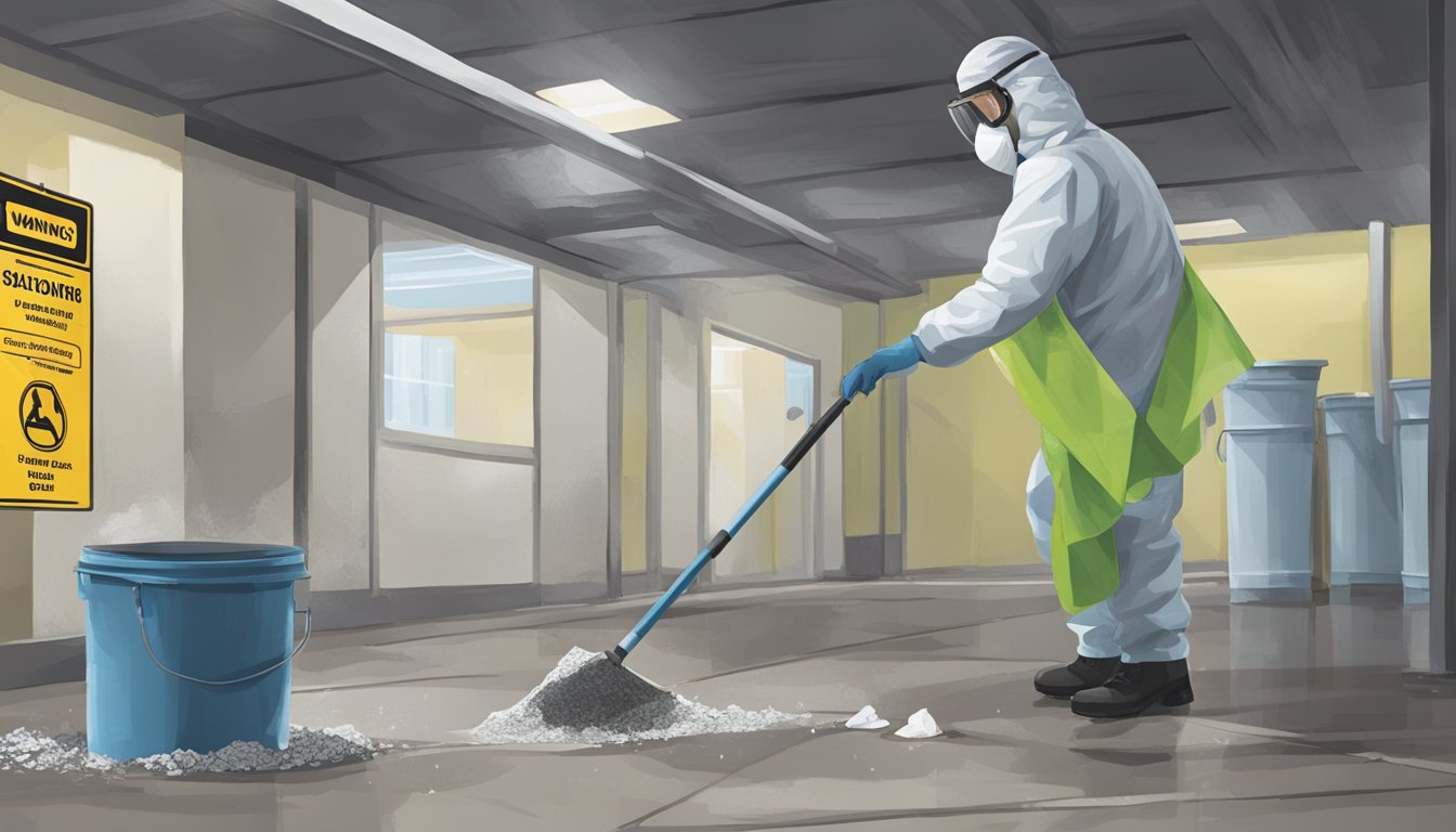 A person in protective gear removes asbestos from a building. Signs and warnings are posted, and proper disposal procedures are followed