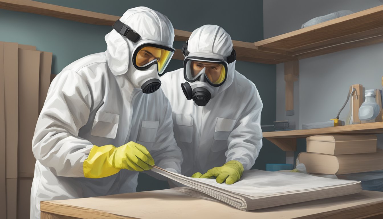 A professional in protective gear removes asbestos while a DIYer reads myths debunked and safety precautions
