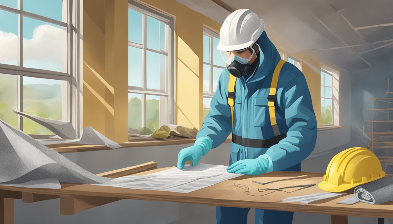 A worker in protective gear removes asbestos from a building while a DIY enthusiast reads about safety precautions and financial assistance options
