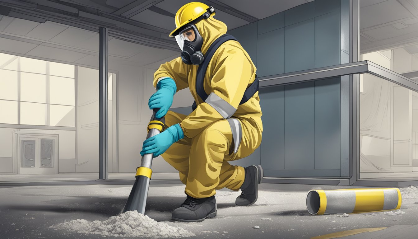 A person in protective gear removing asbestos from a building, with caution signs and safety equipment present