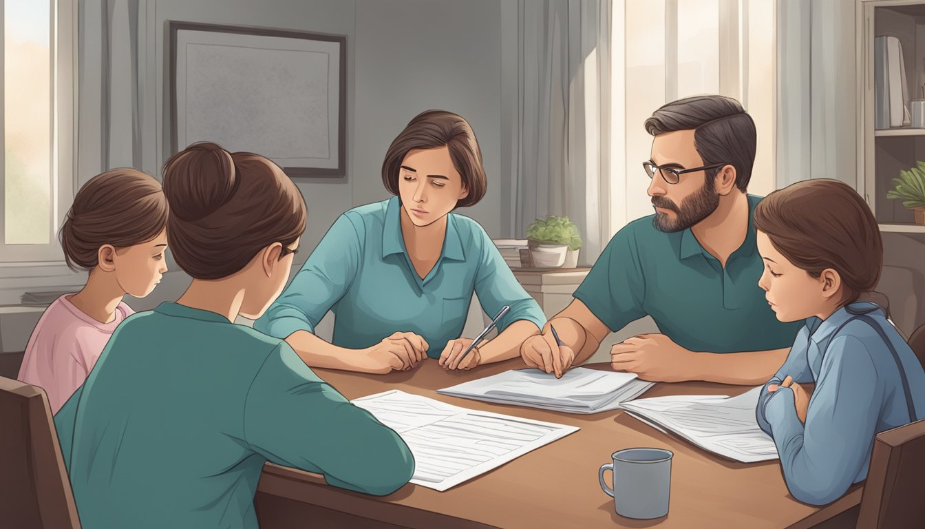 A family sitting around a table, with a somber atmosphere. A medical report and a concerned expression on their faces convey the impact of asbestos disease diagnosis
