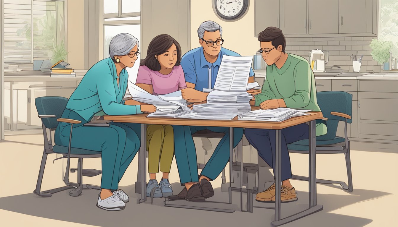 A family sitting at a table, surrounded by legal documents and medical bills. The weight of the asbestos disease diagnosis is evident in their expressions