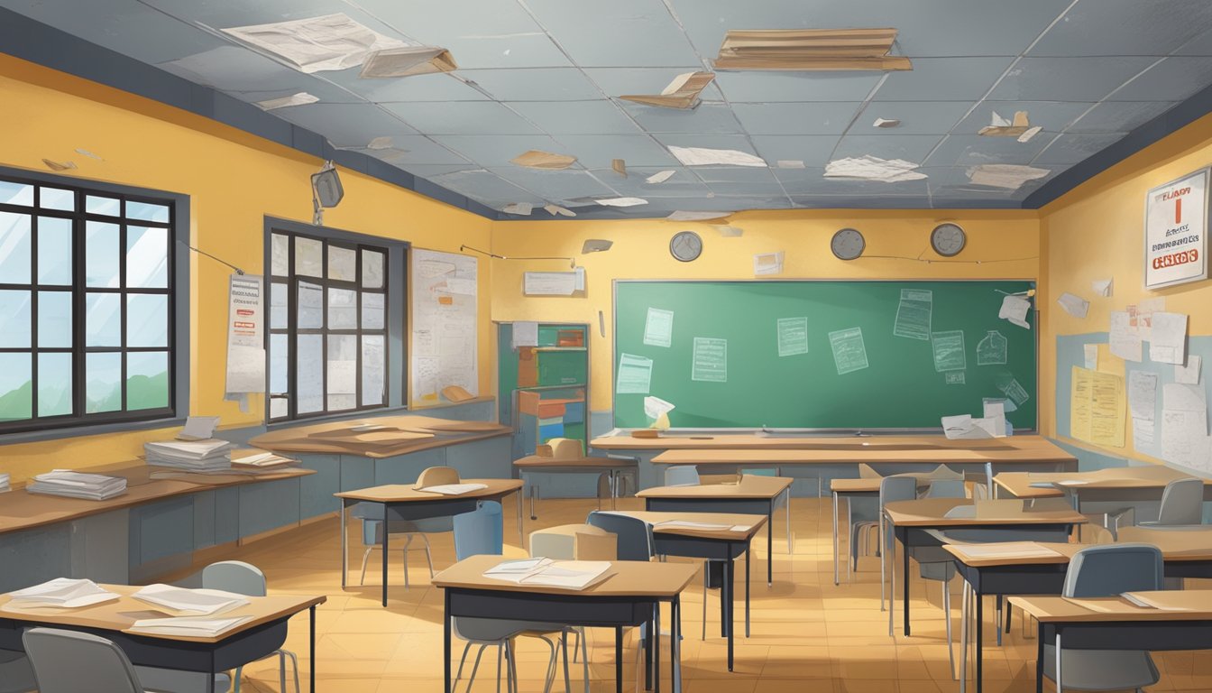 A classroom with peeling walls and damaged ceiling tiles, labeled asbestos danger signs, and concerned parents and teachers advocating for safe learning environments