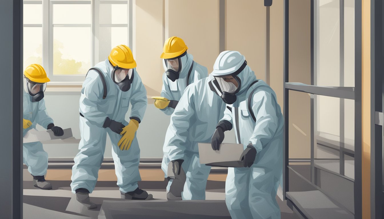 A team of workers in protective gear inspect and remove asbestos from a school, ensuring a safe learning environment