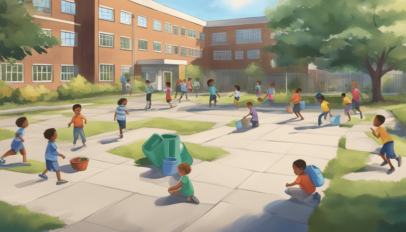 Children playing in a schoolyard, unaware of the hidden danger of asbestos lurking in their school building. Advocates work to rebuild and create safe learning environments