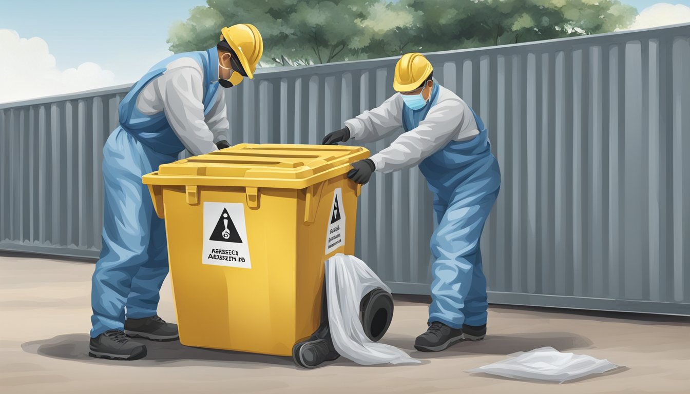 Workers sealing and labeling asbestos waste containers for safe disposal in a designated area, following strict guidelines to protect public health and the environment