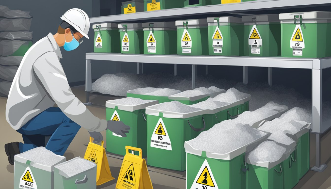 A worker sealing asbestos waste in double bags, labeling them with hazard symbols, and placing them in a designated hazardous waste storage area