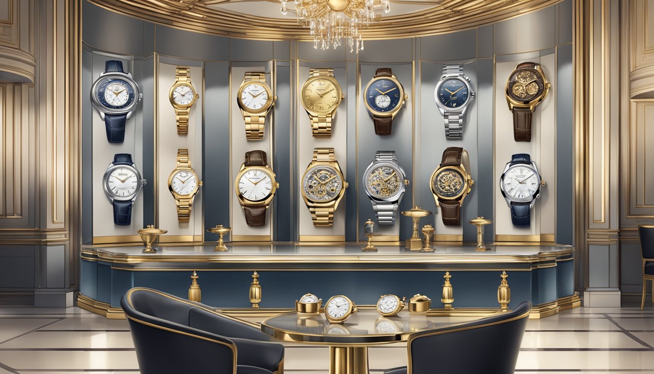 A display of iconic watch logos, surrounded by elegant timepieces in a luxurious setting