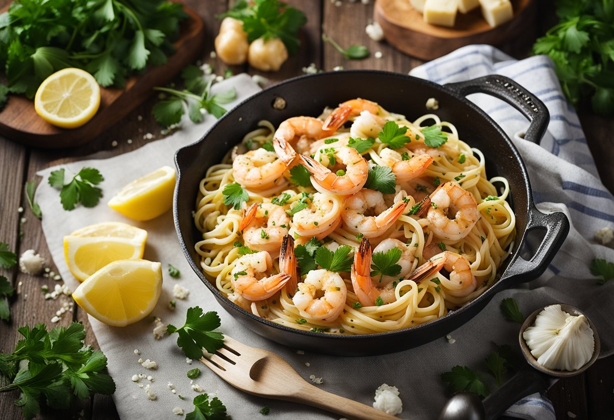 A sizzling skillet of shrimp scampi, with plump shrimp, garlic, butter, and herbs, surrounded by a bed of linguine and garnished with fresh parsley