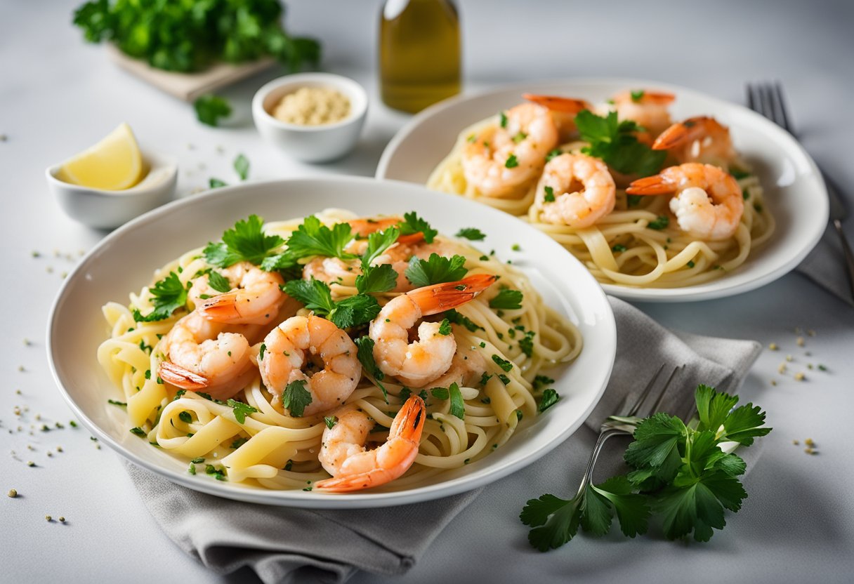 A sizzling skillet of shrimp in garlic butter sauce, with a sprinkle of parsley and a side of linguine, served on a white plate