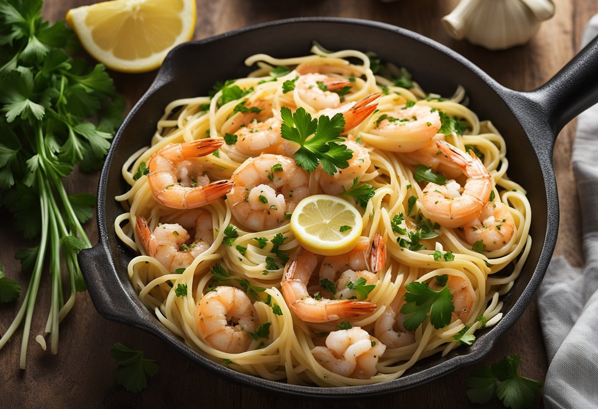 A sizzling skillet of shrimp, garlic, butter, and lemon. A bowl of linguine on the side. A bottle of white wine and a sprig of fresh parsley