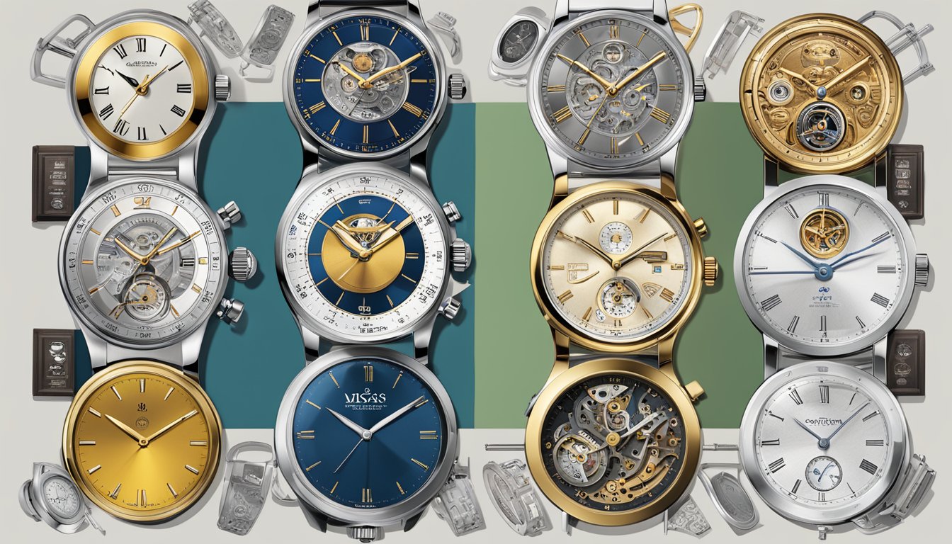 A display of iconic watchmakers' logos and historical timepieces, showcasing their heritage and the most trusted watch brands