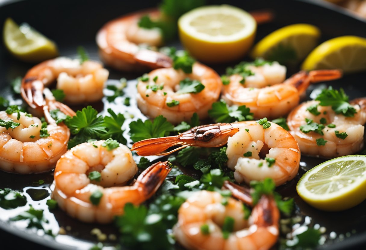 Shrimp sizzle in a hot skillet with garlic and butter. Lemon slices and parsley garnish the dish