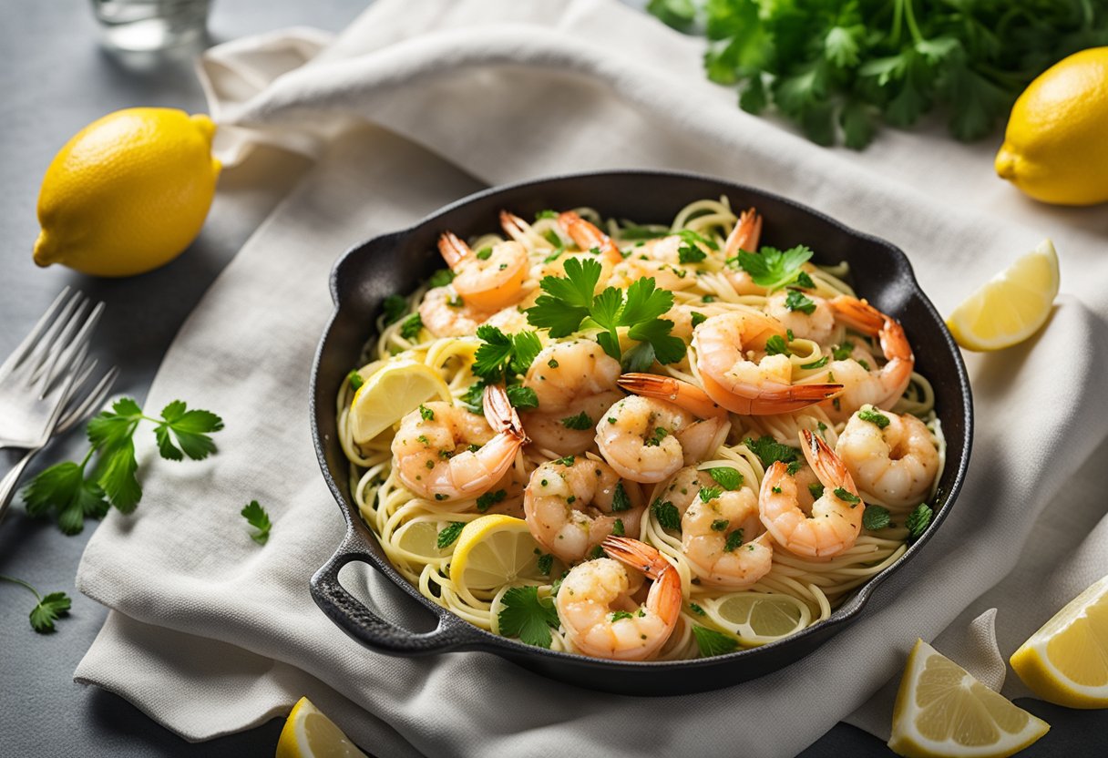 A sizzling skillet of shrimp scampi, garnished with fresh parsley and lemon wedges, is placed on a white linen tablecloth