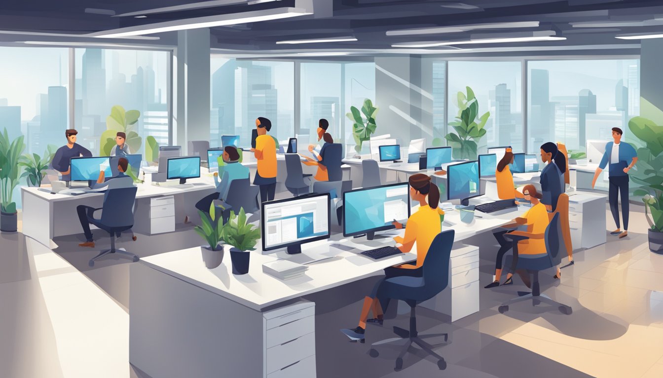 A bustling office with employees collaborating on marketing strategies, while others streamline operations for multiple brands. Bright, modern decor and technology-filled workspaces