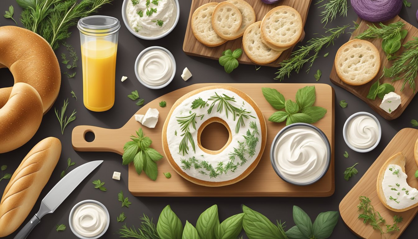 A table with assorted natural cream cheese brands displayed on a wooden board, surrounded by fresh herbs and sliced bagels