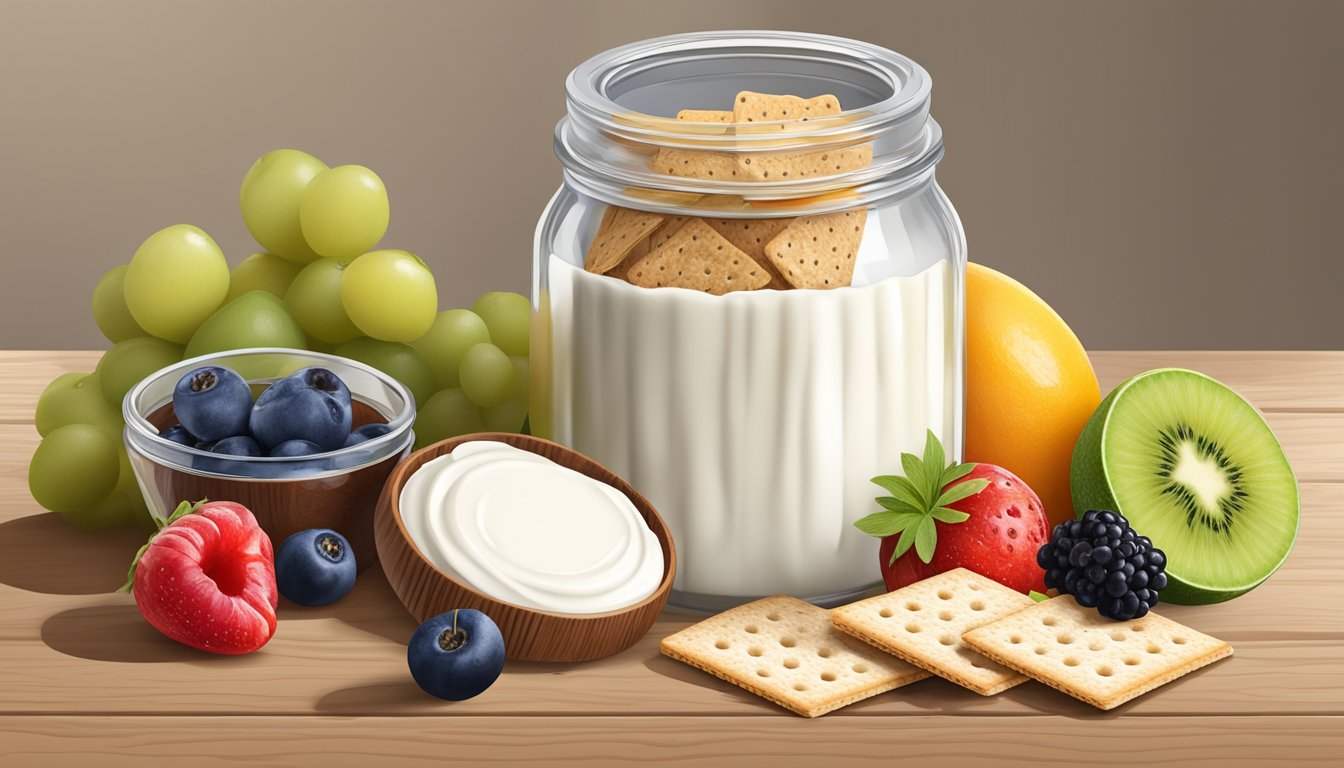 A jar of natural cream cheese sits open on a wooden table, surrounded by a variety of fresh fruits and whole grain crackers