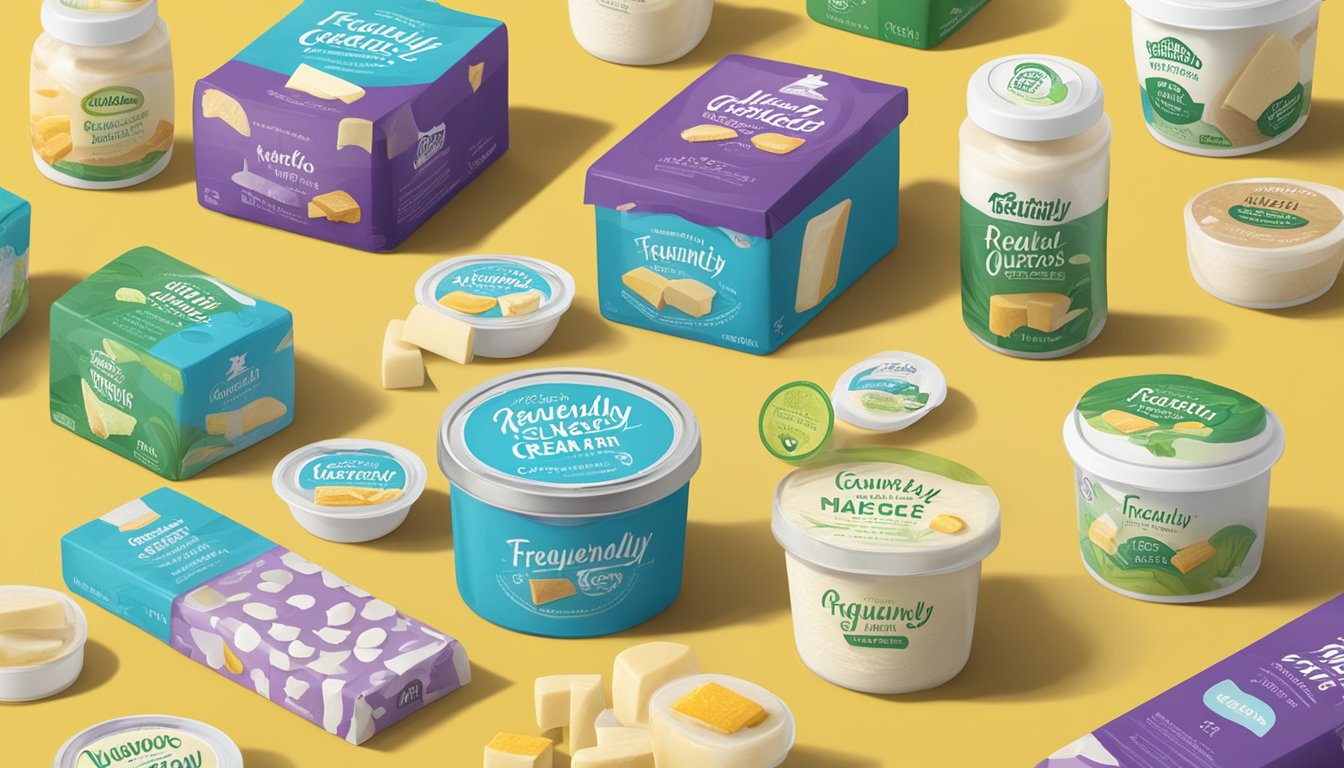 A table with various natural cream cheese brands displayed in colorful packaging, surrounded by question marks and a sign reading "Frequently Asked Questions."
