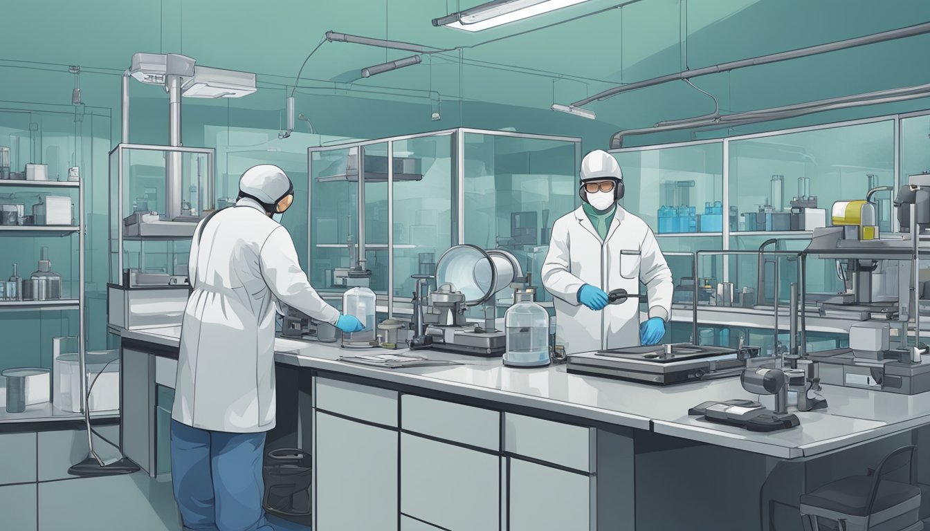 A laboratory setting with advanced detection equipment and technicians analyzing asbestos samples
