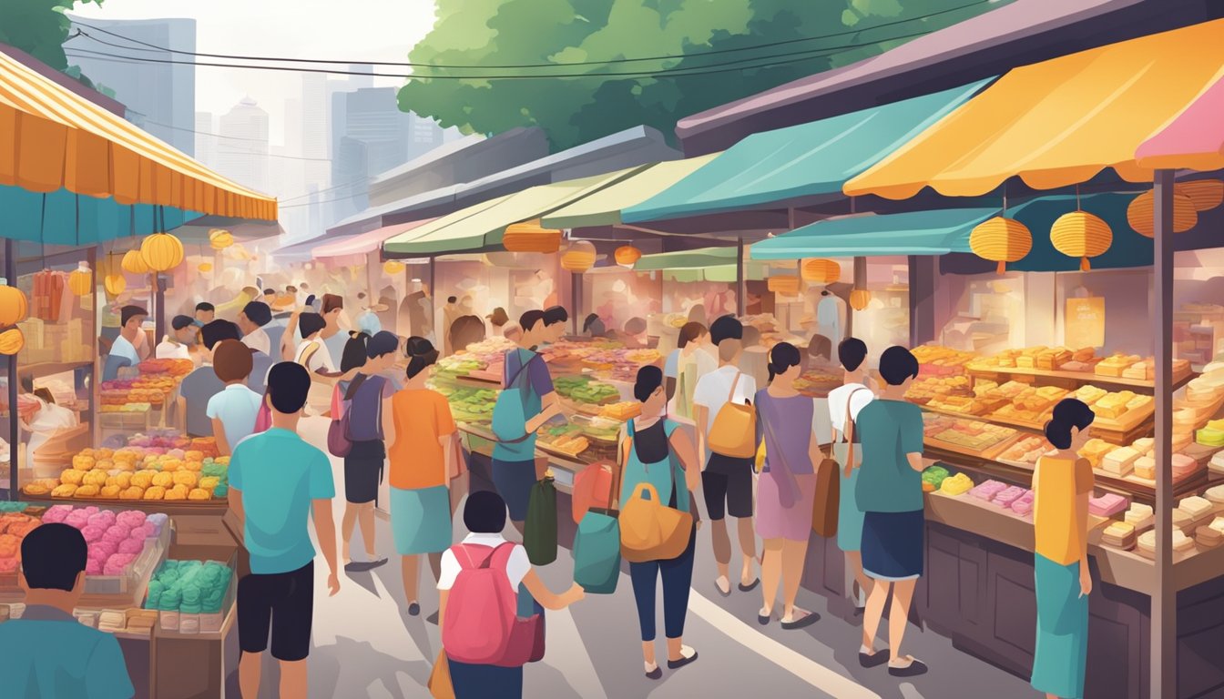 A bustling street market in Singapore, with colorful stalls selling various flavors of mooncakes, surrounded by eager customers
