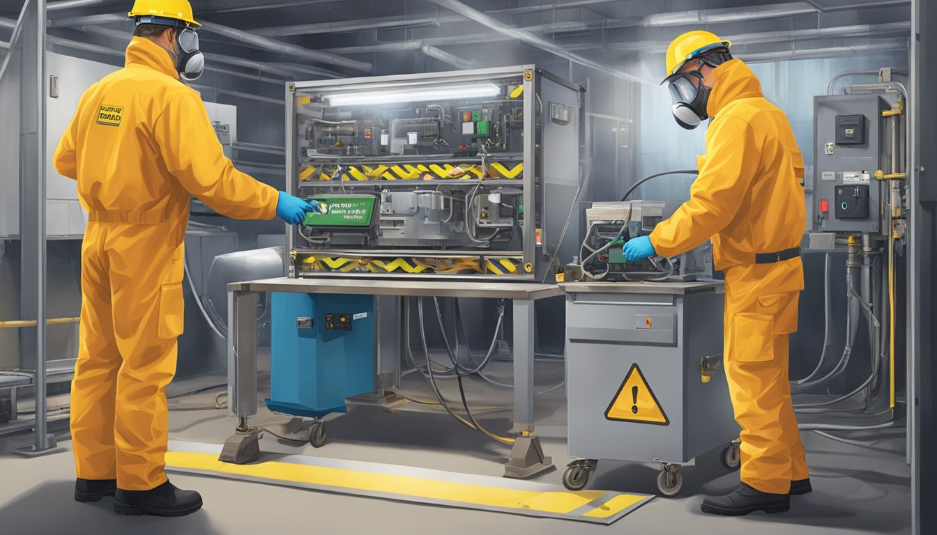 A technician operates advanced asbestos detection equipment in a sealed industrial environment. Protective gear and warning signs are prominent