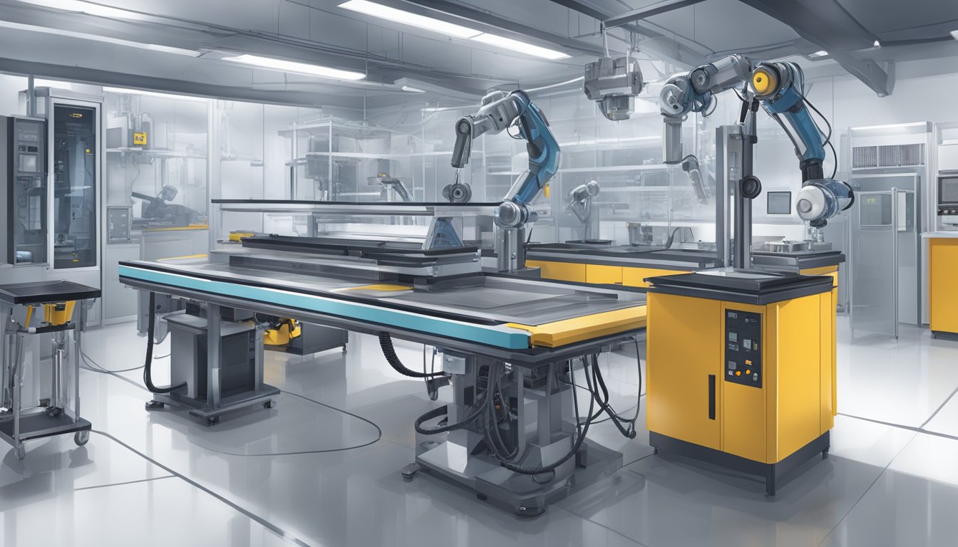 A futuristic lab with advanced equipment for asbestos detection and removal. Cutting-edge technology and robotic arms are used for precision and efficiency