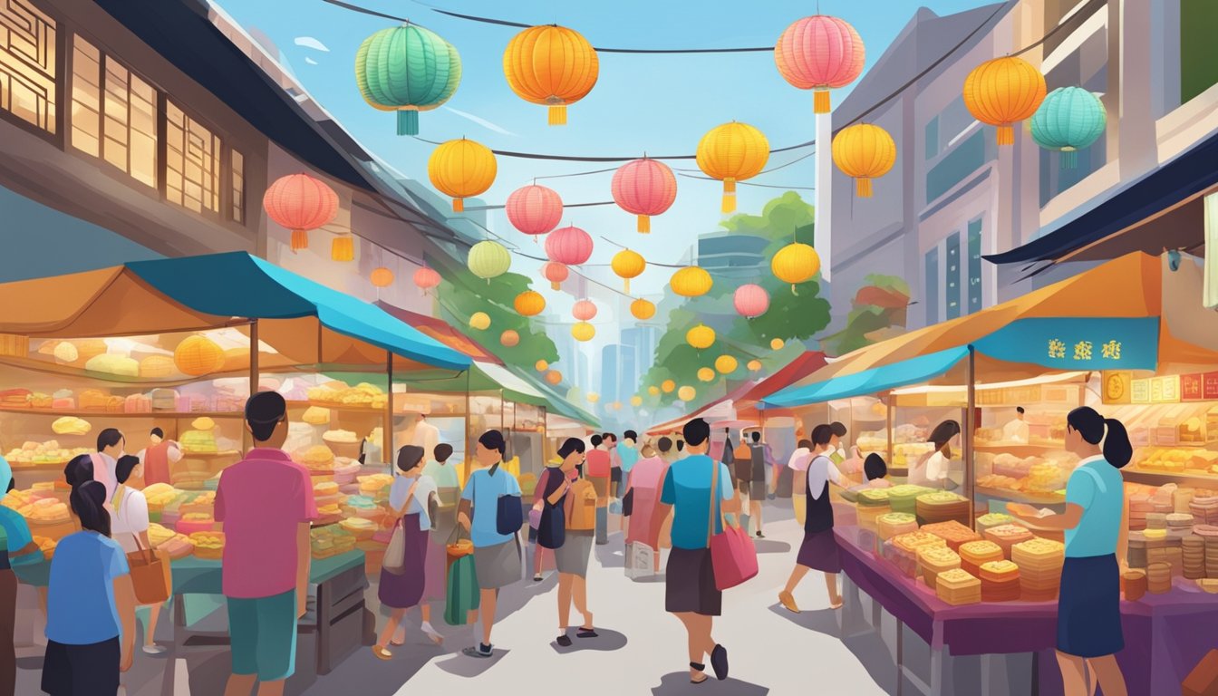 A bustling street market with colorful stalls selling an array of mooncakes in Singapore, with vendors eagerly promoting their best flavors to passersby