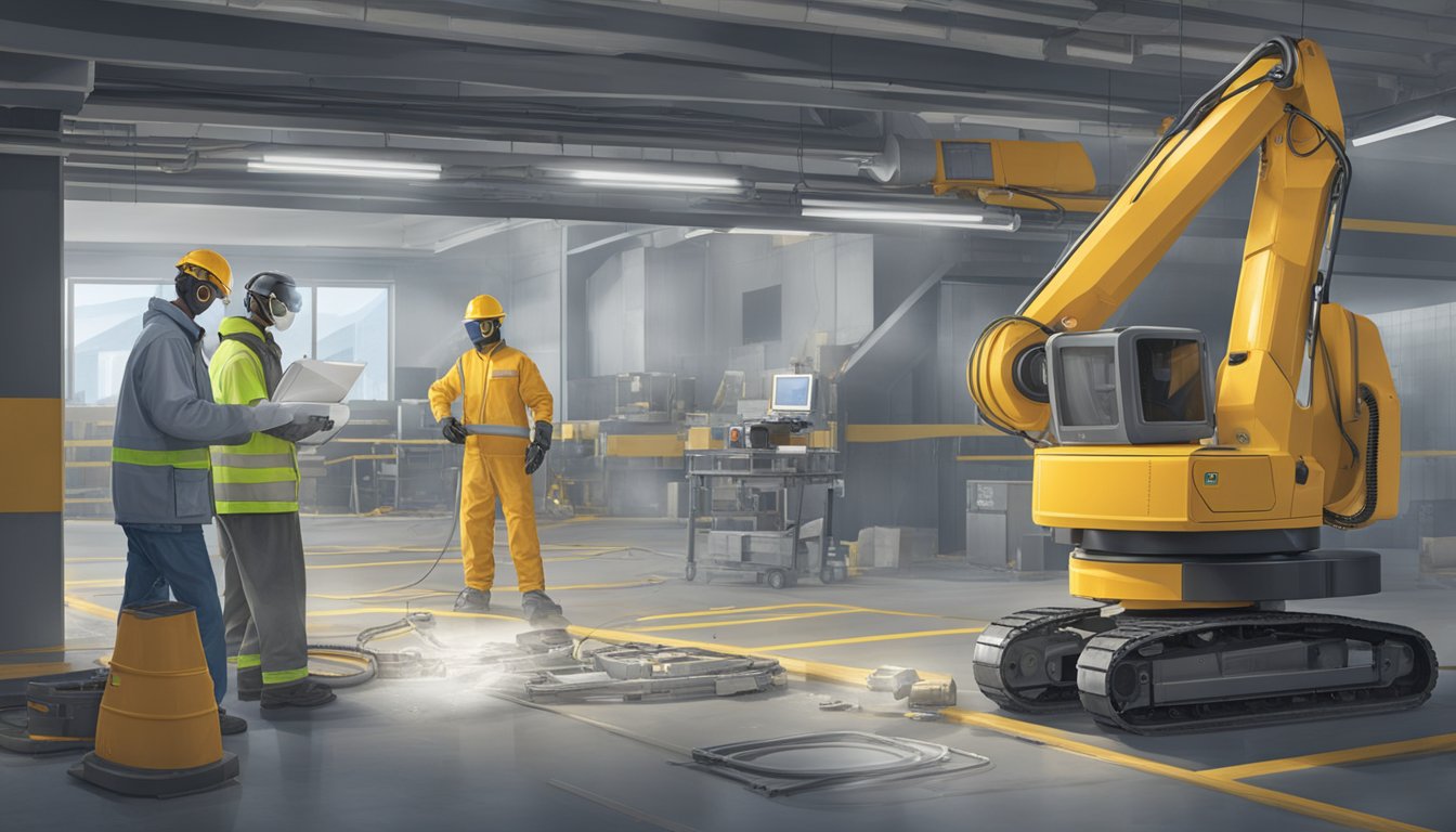 An advanced robot scans for asbestos in a modern building, while workers use cutting-edge equipment to safely remove the hazardous material