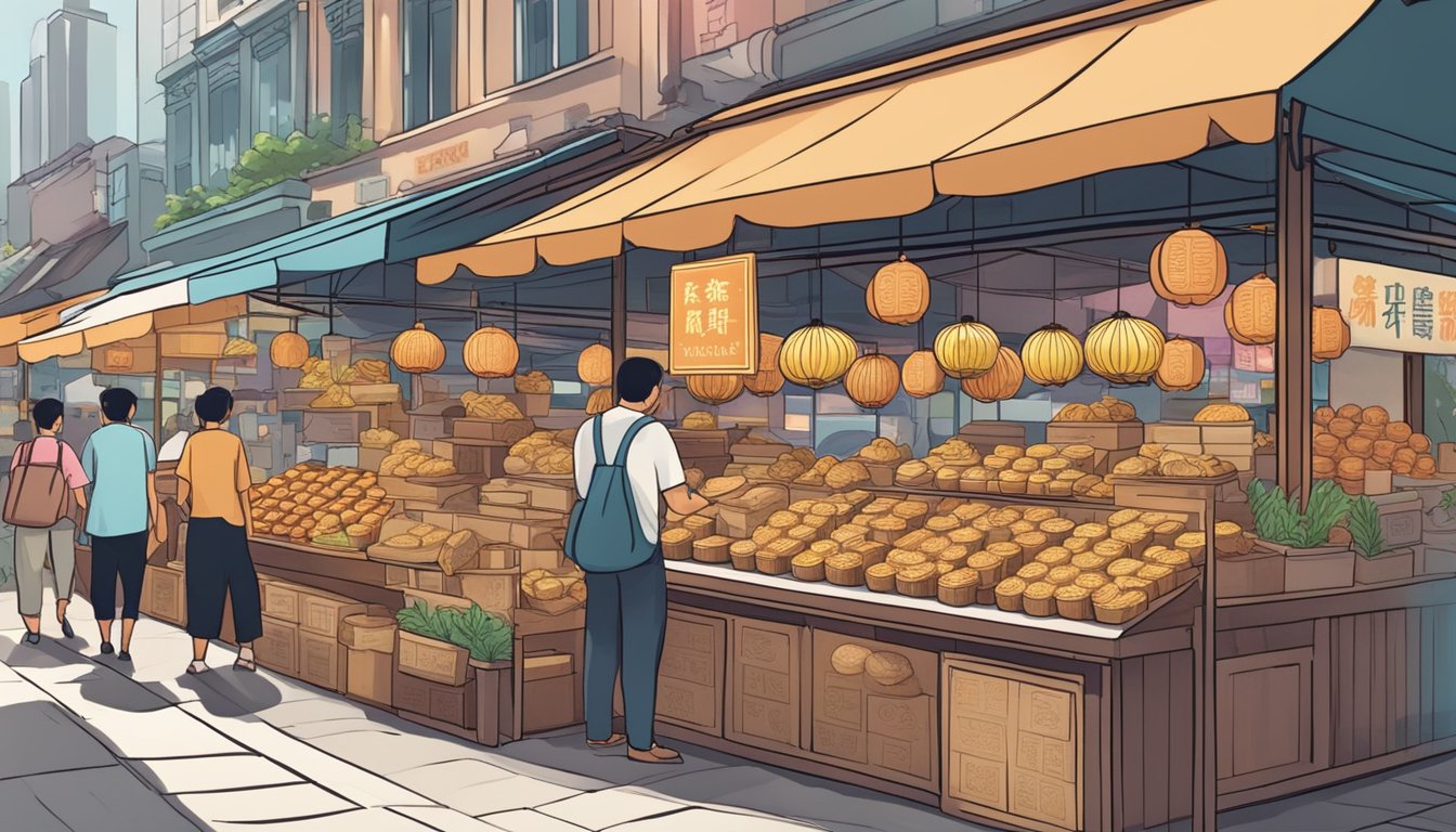 A bustling market stall with colorful displays of mooncakes and a sign reading "Frequently Asked Questions: Where to buy mooncake in Singapore."
