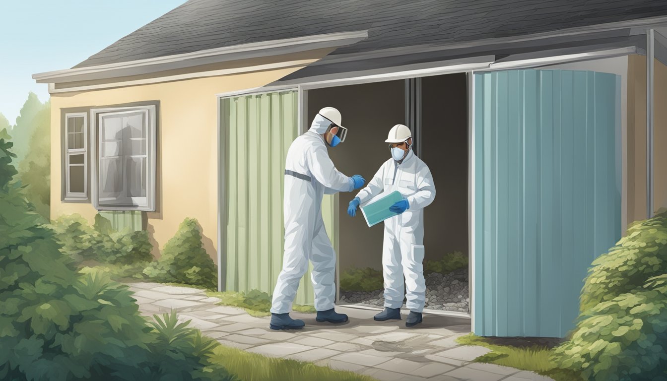 A worker in protective gear removes asbestos from a building while an insurance adjuster reviews policy details