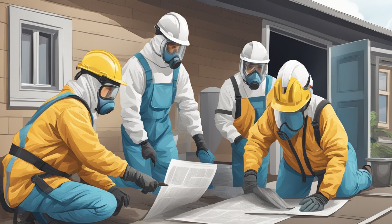 A team of workers in protective gear removing asbestos from a building, while an insurance agent reviews policy coverage and claims paperwork