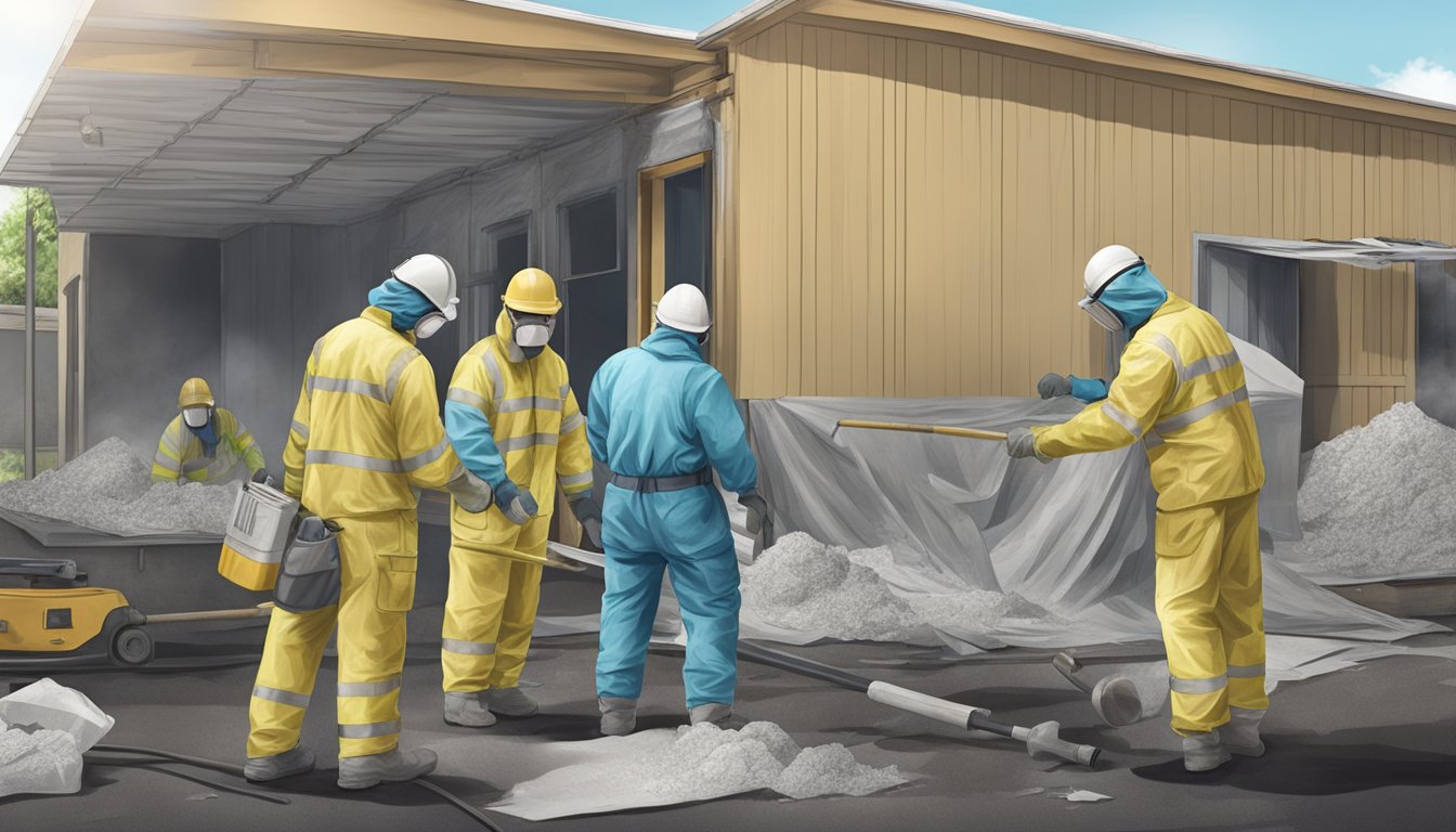 A team of workers in protective gear removing asbestos from a building while insurance adjusters review policies and process claims