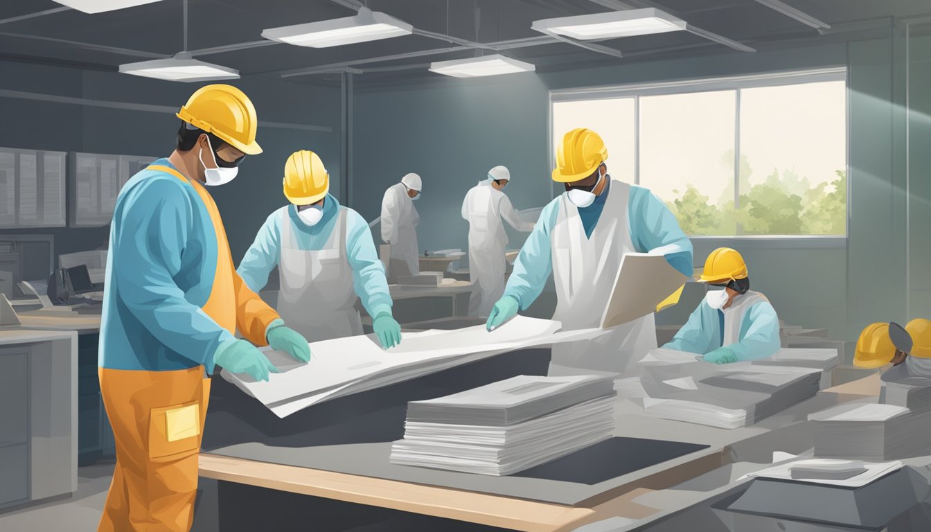 A worker in protective gear removes asbestos while others monitor and document the process. Insurance documents are visible in the background