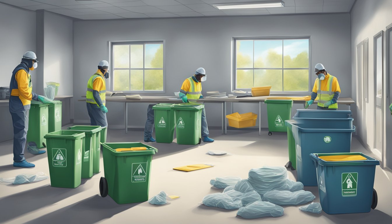 A clean, empty room with sealed windows and doors, labeled hazardous waste bins, and workers in protective gear disposing of asbestos materials