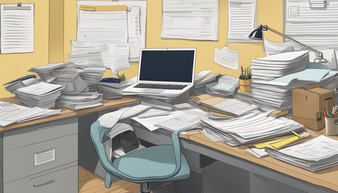 A cluttered desk with insurance policy documents, claim forms, and a checklist of asbestos removal procedures
