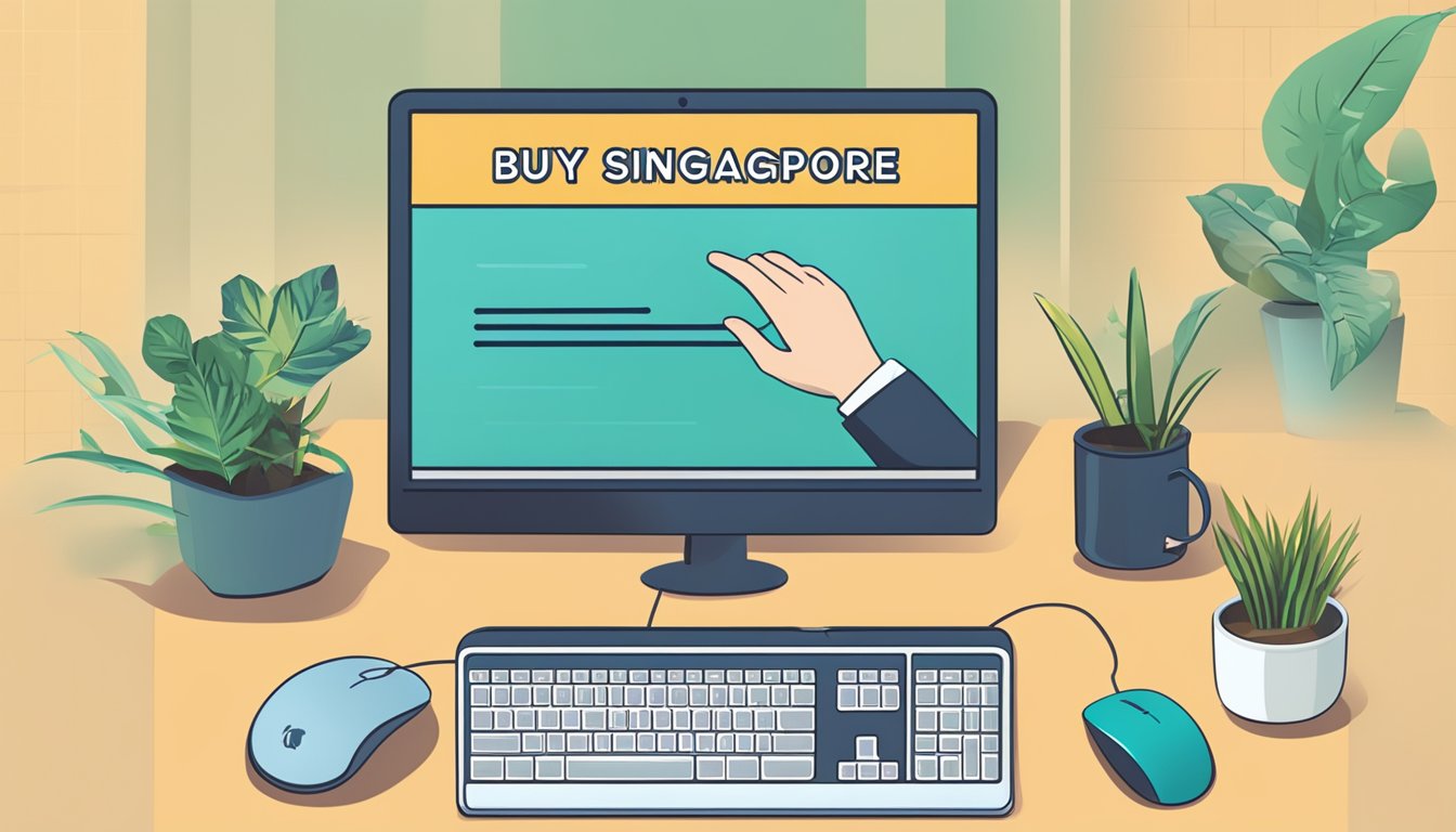 A hand reaching for a computer mouse, with a screen displaying the words "buy domain Singapore" and a keyboard in the background