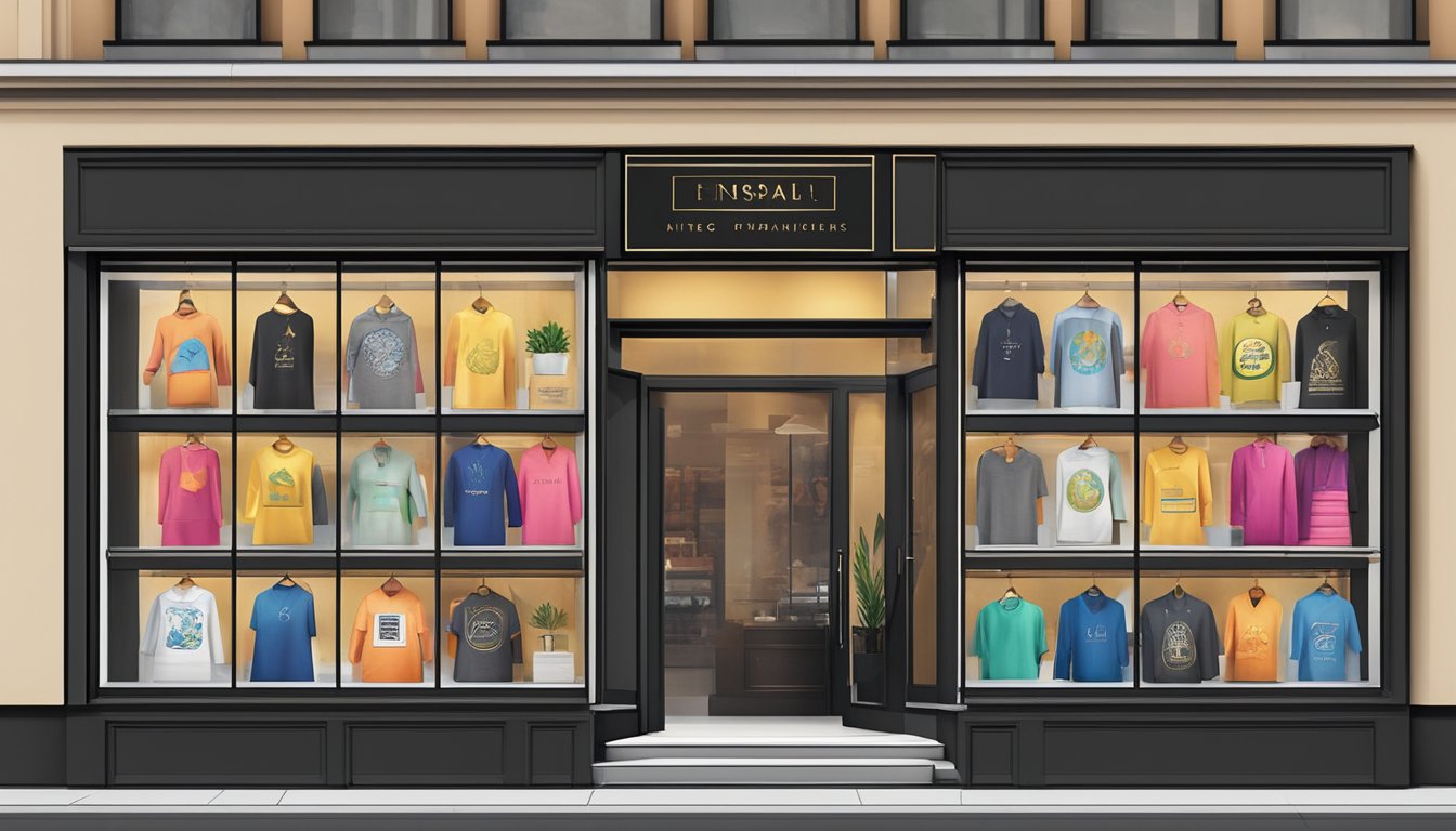 A colorful array of clothing labels and logos, each with its own unique name and design, displayed on a sleek and modern storefront window