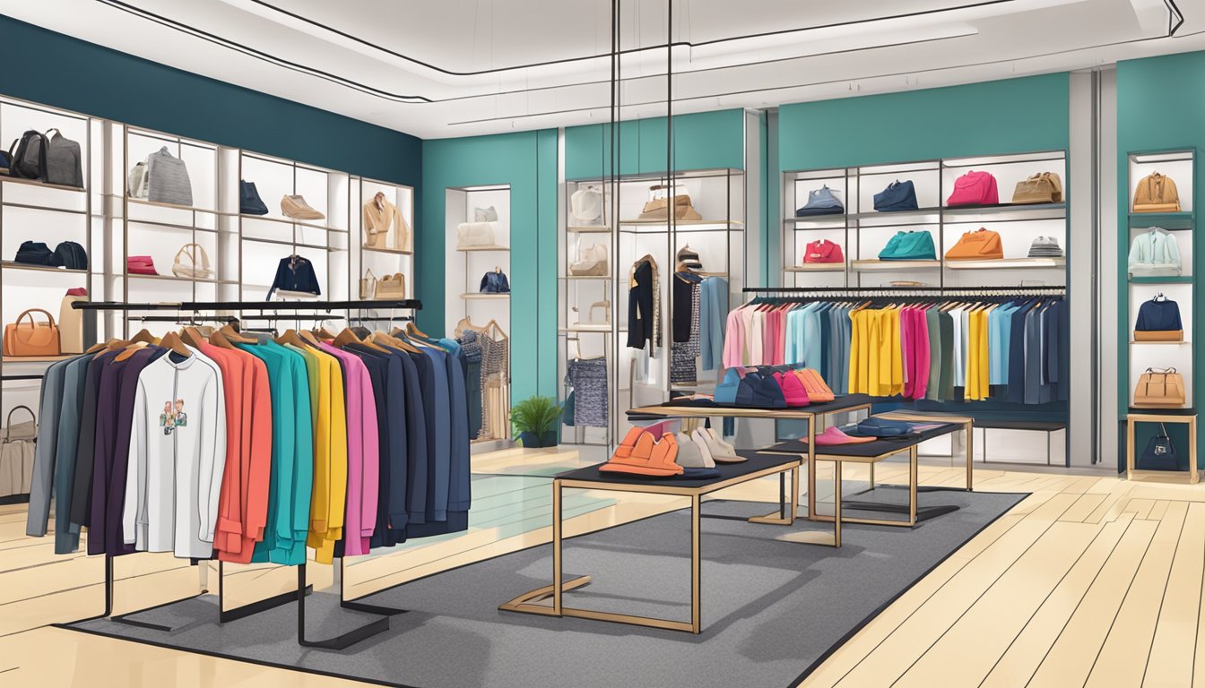 A colorful array of clothing with stylish logos and brand names displayed on racks and mannequins in a trendy boutique setting