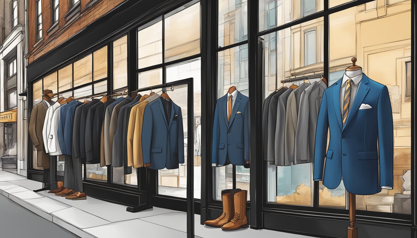A storefront window displays various New York men's clothing brands, featuring stylish suits, trendy streetwear, and classic accessories
