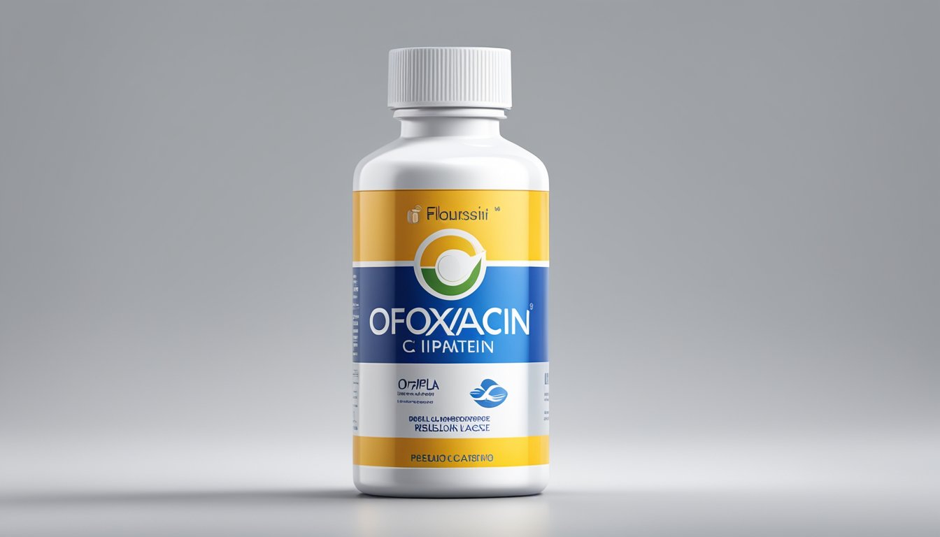 A bottle of ofloxacin Cipla brand stands on a clean white surface, with the brand name and dosage clearly visible on the label