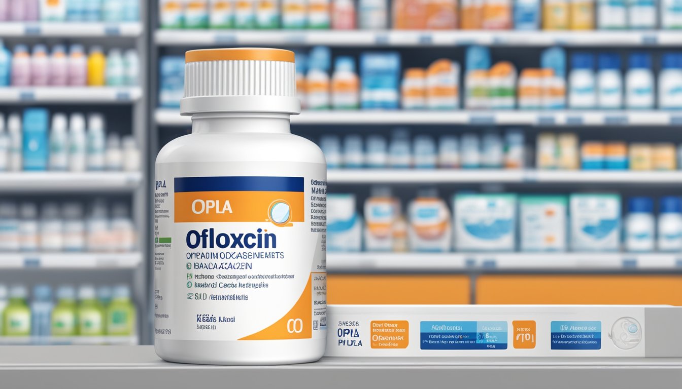 A bottle of Ofloxacin Cipla brand stands on a white pharmacy counter, with the brand name and dosage information clearly visible on the label