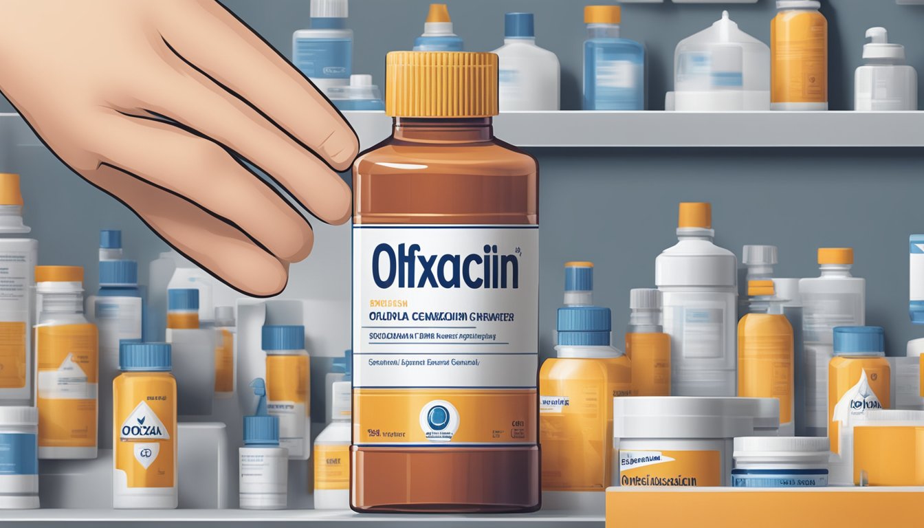 A hand reaches for a bottle of ofloxacin cipla brand. A warning sign is displayed next to it