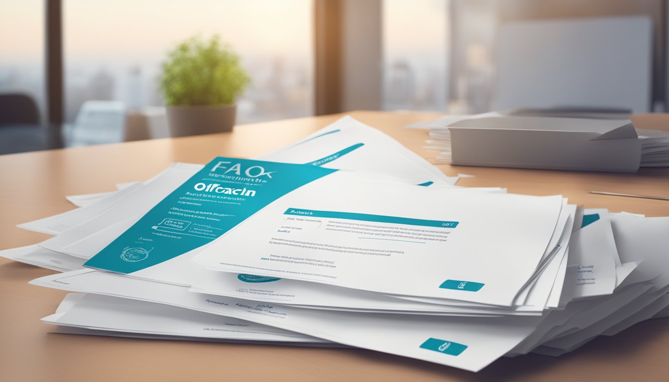 A stack of FAQ sheets with "Ofloxacin Cipla Brand" logo on a desk