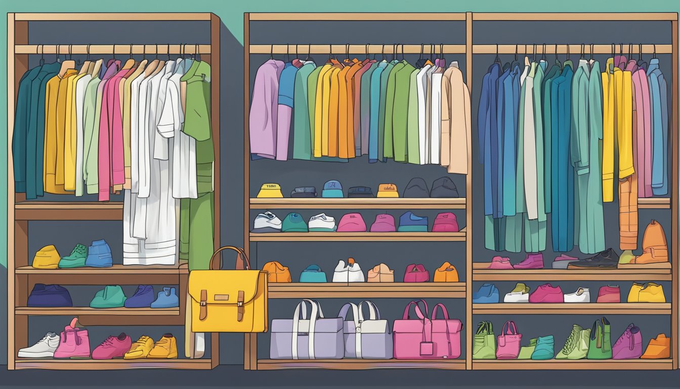 A colorful array of clothing brand names, neatly arranged on a display shelf, with a "Frequently Asked Questions" sign above