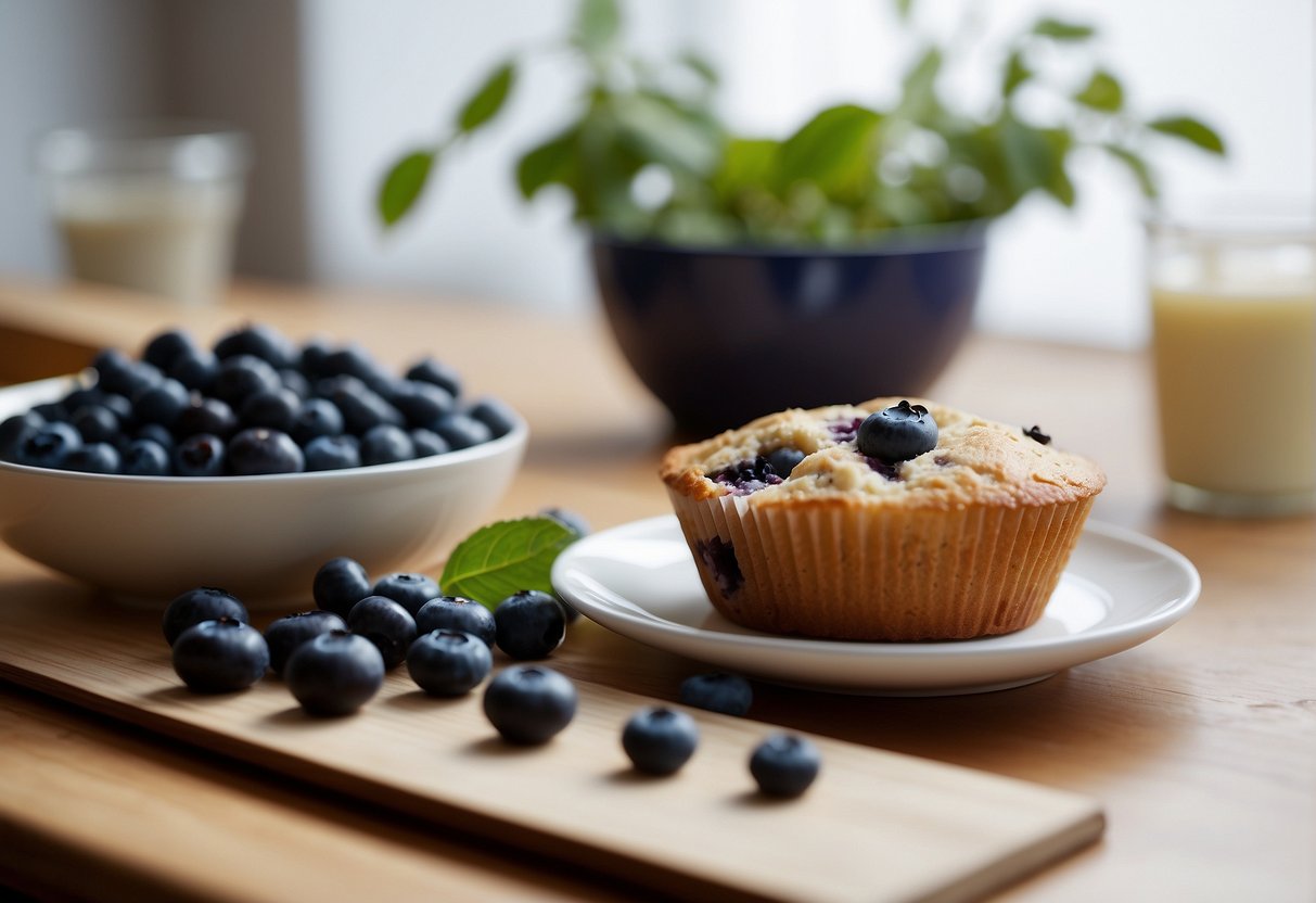 A mixing bowl filled with Krusteaz blueberry muffin batter, surrounded by fresh blueberries, a measuring cup, and a muffin tin
